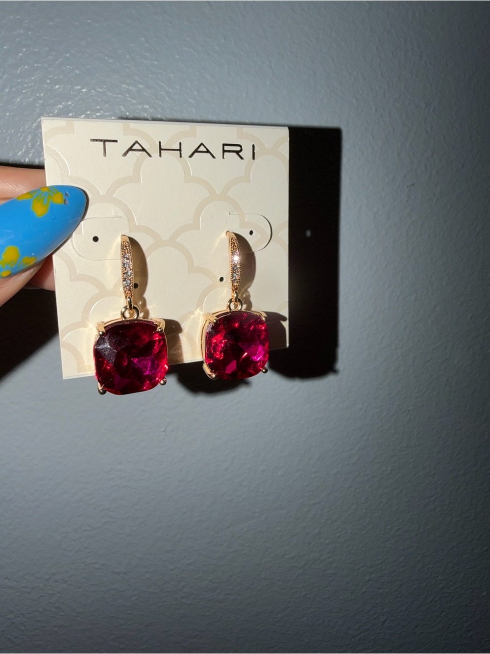 TAHARI Gold-Tone Red Cushion Drop Earrings - Picture 3 of 4